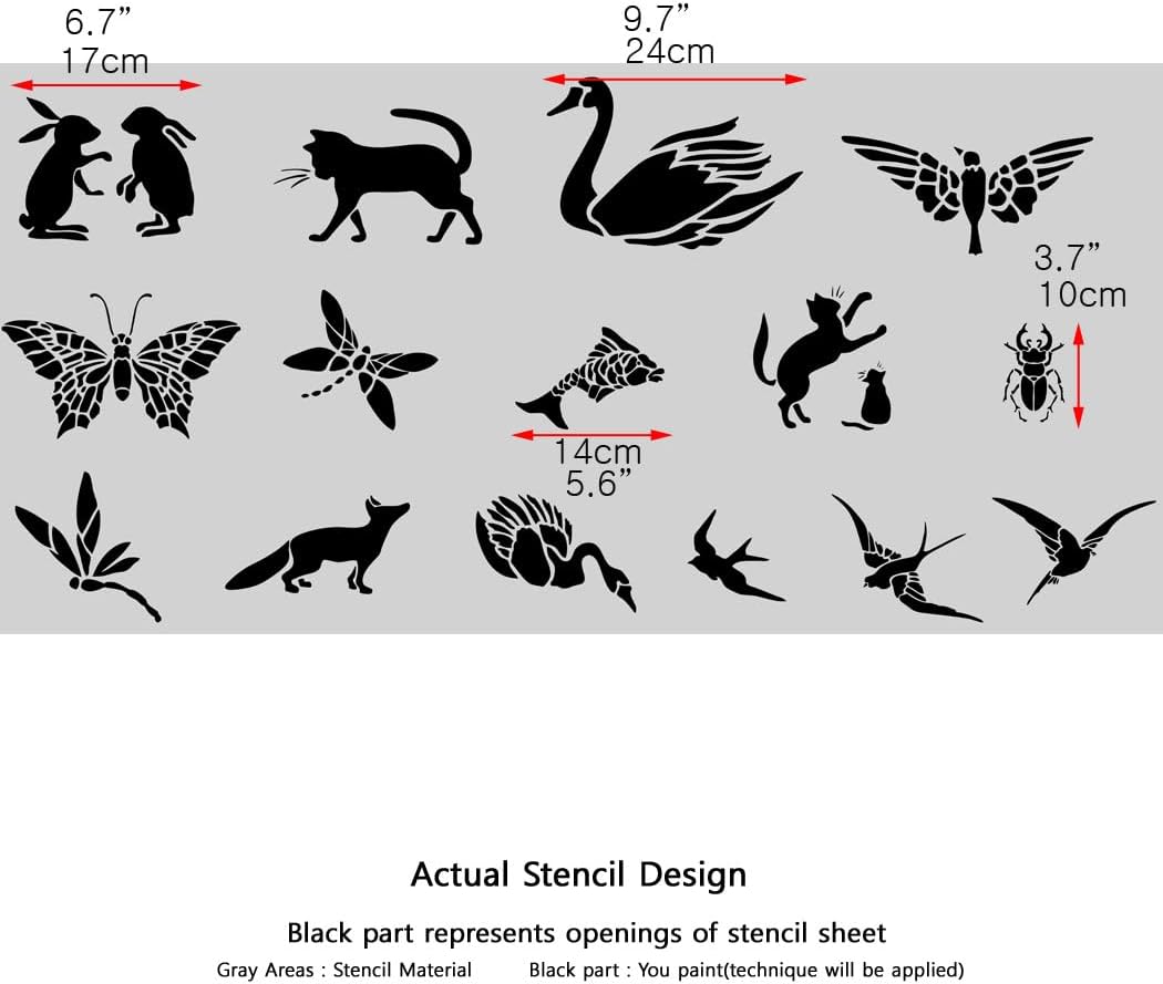 15 pcs Animal Insect Stencils for Painting Wall Tile Fabric Wood Art&Craft Supplies, Reusable
