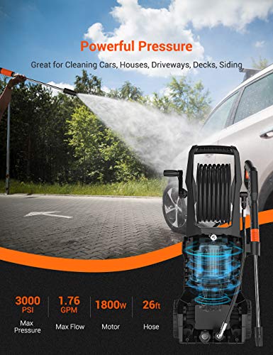 PAXCESS Electric Pressure Power Washer, High Jet Washer Portable Car Washer Machine with Spray Gun,26ft High Pressure Hose and Hose Reel,Jet Wash for Deep Clean Patios Fences Garden - Thumbnail 2