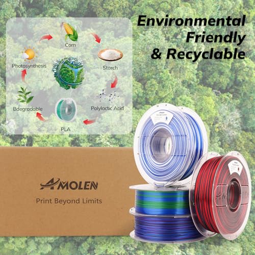 Image of AMOLEN Silk PLA 3D Printer Filament Bundle, Shiny PLA Filament 1.75mm Multicolor Rainbow Pack, Fast Color Change PLA 3D Printing Filament for Most FDM 3D Printer, 1KG X 4 Spools