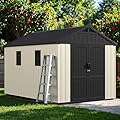 Greesum 8x12 FT Plastic Outdoor Storage Shed with Floor, Resin Sheds with Window and Lockable Door, Weather Resistant Organization for Garden, Patio, Pool Supplies, Beige