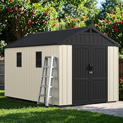 Greesum 8x12 FT Plastic Outdoor Storage Shed with Floor, Resin Sheds with Window and Lockable Door, Weather Resistant Organization for Garden, Patio, Pool Supplies, Beige