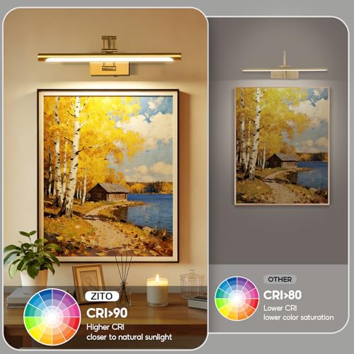 Image of ZitoStory Picture Lights for Wall Battery Operated, (Gold, 24in) Rechargeable Art Light for Painting,Modern wall Lights for Pictures,Dimmable Gallery Artwork Lights for Pictures On Wall
