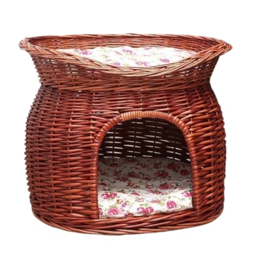 Yubbuio藤編み 猫ハウス ドーム型 ラタン ペットベッド 屋根付き 二階 キャットケージ 猫ネスト 犬 猫 ウサギ 柳編み 細工品 手編み ラタンかご 小動物用ケージ 夏用 ござ 涼しい 天然素材 通気 小型犬 洗える (B,L)