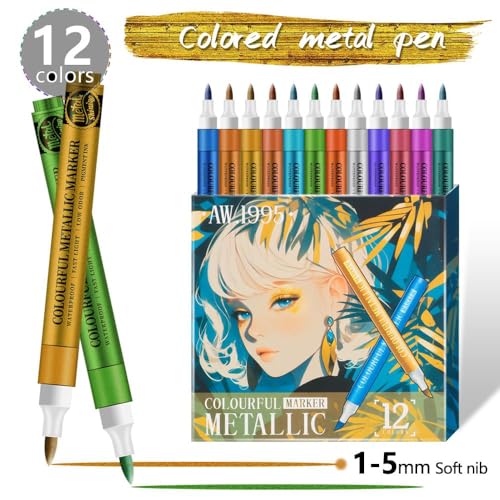 Image of HUBTURE Acrylic Paint Marker Pen Set - Metallic Colors, Medium Point Tip - Non-Toxic Art Markers for Rock, Ceramic, Glass, Wood, Fabric, Canvas, Craft Projects(COLOURFUL METALLIC MARKER)