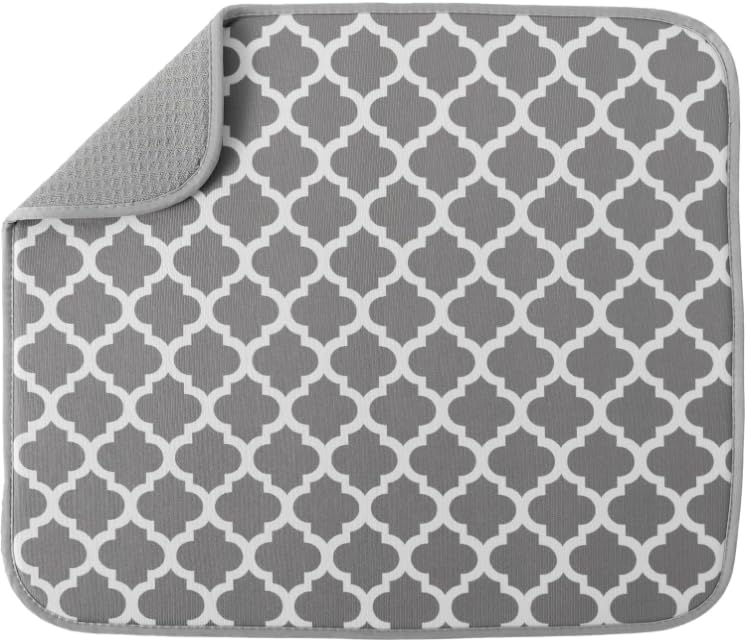 Dish Drying Mat, Absorbent Microfiber Kitchen Counter Mat, Dish Drying Pad for Dishes, Utensils, Pots and Pans , 16" x 18" , White Trellis