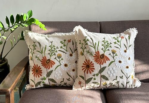 Image of Cotton Decorative Embroidered Cushion Covers | 16 x 16 inches | Premium Cushion Cover with Crewel Embroidery | Floral | Multicolour, Set of 2, for Couch, Sofa, Bed, 350 TC