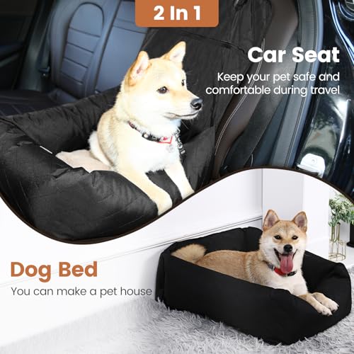 Hundebett Autositzbezug Pet Car Booster Seat 2 in 1 Front Back Protector Pet Lookout Tragbarer Autositzabdeckung Hundetransport Vordersitz mit dickem Zwinger und Sicherheitsgurt (Schwarz, M)