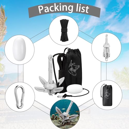Image of MorningRo 1 Pack 1.5 /3.5 lb Marine Kayak Anchor Kit with 40ft Rope and Buoy Folding Grapnel Boat Anchor Kit Kayak Fishing Accessories for Small Boats, Canoe, SUP Paddle Boards