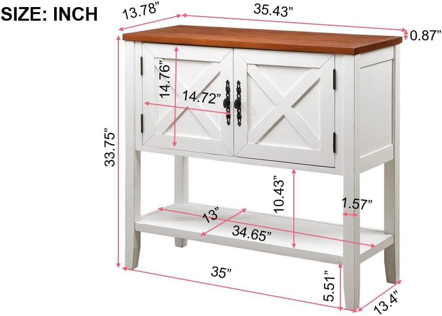 Miniatura 2 de Mesa consola de granja de madera maciza con estante inferior y armario de 2 puertas para sala de estar, entrada, muebles de cocina y comedor (blanco