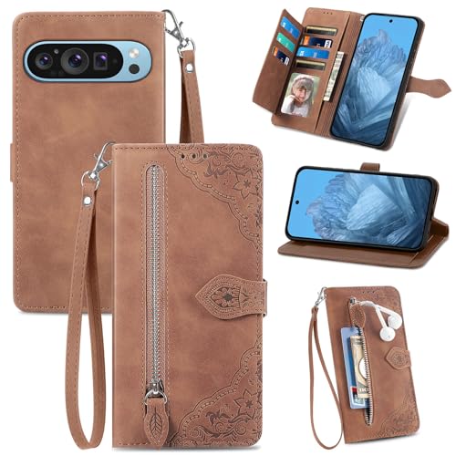 Cover per Google Pixel Pro Custodia a Libro pelle PU Flip Case con Porta Carte Chiusura Magnetica e Cinturino Disegni di Fiori Portafoglio Antiurto per 9 Marrone