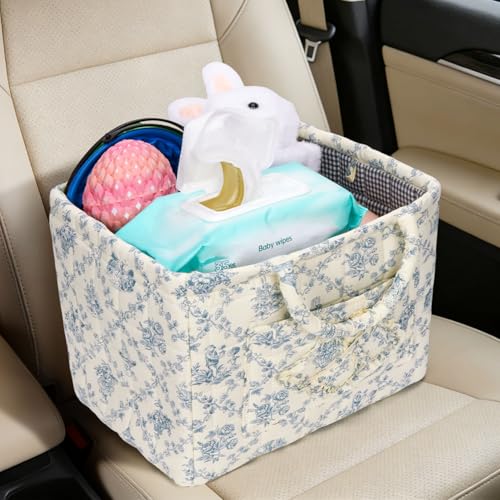 Image of Quilted Fabric Basket Foldable Car Storage Boho Floral Laundry Basket Hamper for Nursery Bedroom & Living Room | Organize Clothes Toys
