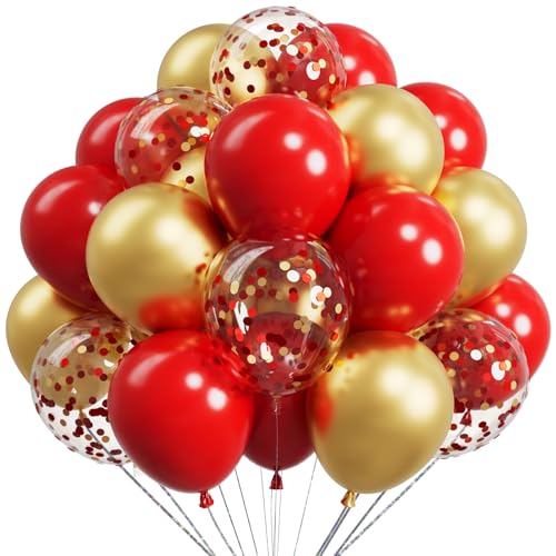 Image of Metallic Red and Gold Balloons 12Inch 73PCS Gold Red Confetti Latex Balloons Shiny Helium Balloon Set for Birthday Anniversary Graduation Party Decorations
