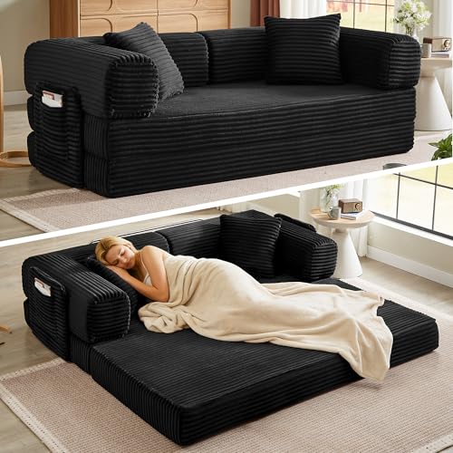Image of Boneless Couch Futon Sofa Bed Sectional Couches for Living Room,Cloud Couch with Sleeper Sofa,Sofas for Living Room Oversized Corduroy Upholstered (Black, 81 Inches (with Iron Frame))