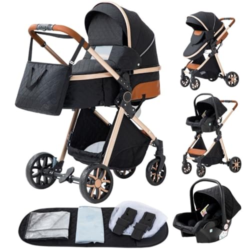 YAZOCO kinderwagen 3 in 1 Buggy Babybett Komplett Set Einem Klick Zusammenklappbarer Kinderwagen, KombiKinderwagen Aluminiumrahmen für Neugeborene Sitzzubehör (4 schwarz)