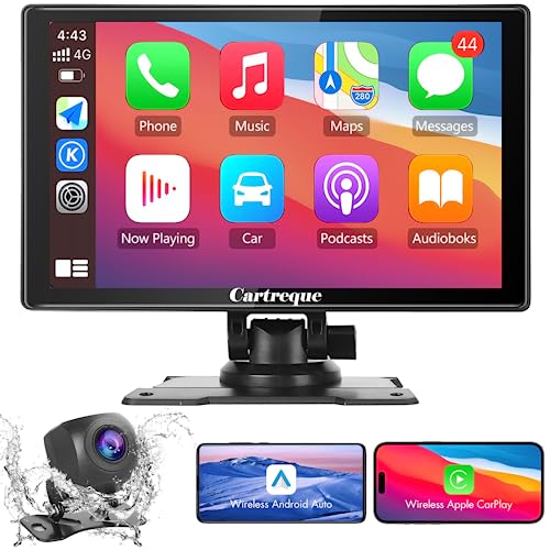 Cartreque Portable Car Stereo Wireless Apple CarPlay Dash Mount & Android Auto, 9 Inch FHD Touchscreen Car Audio Receivers Bluetooth, Drivemate, Backup Camera, Voice Control, Mirror Link, AUX/USB/TF