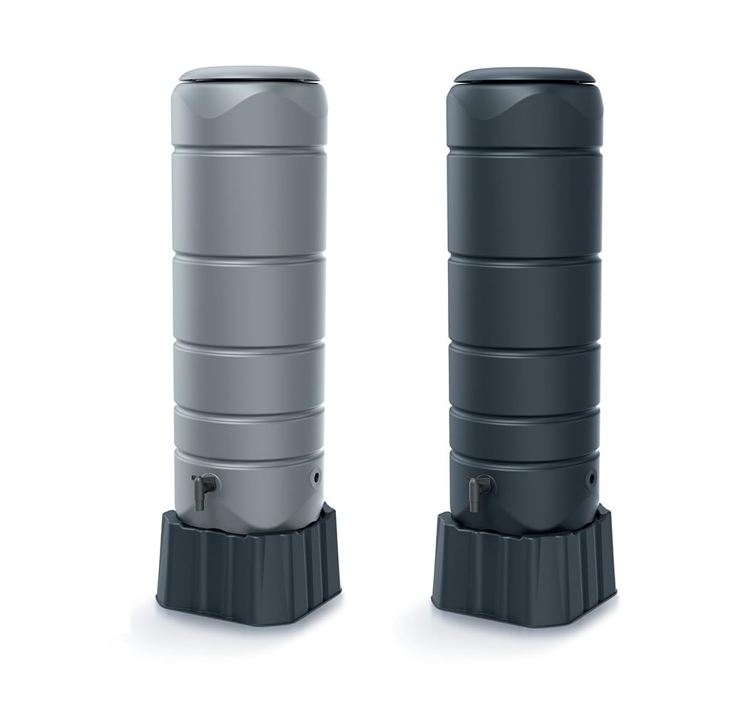 Garden Large Rectangular Plastic Water Butt Optional Connection Kit, Balcony, Terrace Stand 110 litres (Grey + Connection Kit)