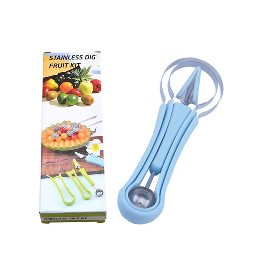 Professional Melon Baller Scoop Set, 4 In 1 Stainless Steel Fruit Scooper Seed Remover Melon Baller, Double Sided Melon Baller for Watermelon Carving Knife (Blue)