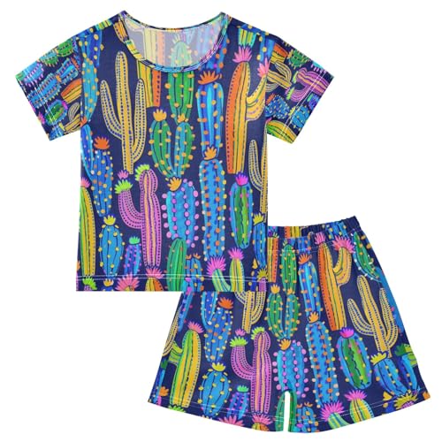 Purple Blue Cactus Kids Pjs Set Boys Girls Summer Short-Sleeve