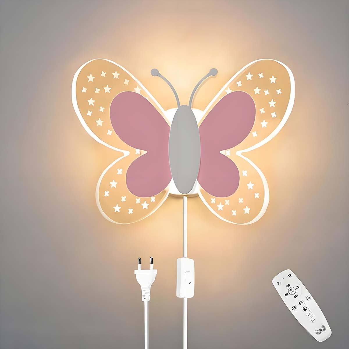 AoLa 12W LED Wandleuchte mit Schalter Dimmbar Schmetterling Wandlampe Kinder Nachttischlampe mit Kabel Nachtlicht Modern Wandbeleuchtung mit Fernbedienung Innen Wandleuchte für Kinderzimmer