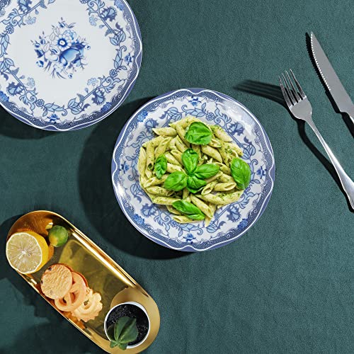 Fanquare 8" Bone China Dessert Plates Set Of 4, European Blue Floral Salad Plates Set For Pasta, Soup, Porcelain Serving Plates #TOP3