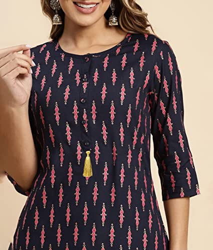 Image of rangita Navy Rayon Calf Length Printed Straight Kurti for Women | Kurta for Women