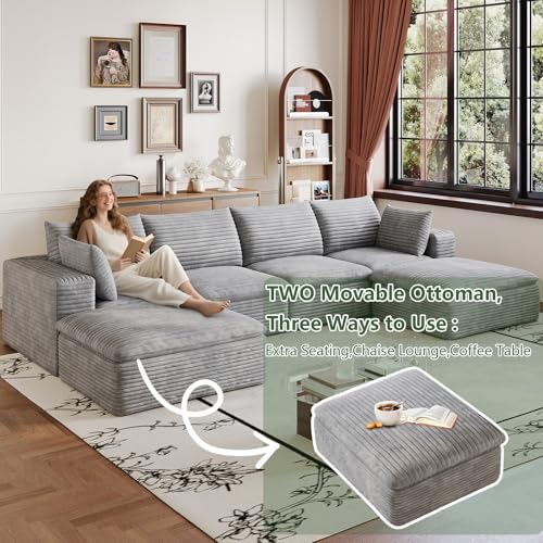 Image of 134 inch Cloud Couch Modular Sectional Sofa for Living Room, U-Shape Boneless Couch with Deep Seat, Modern Corduroy 4-Seater with Ottoman, No Assembly Required, Light Grey