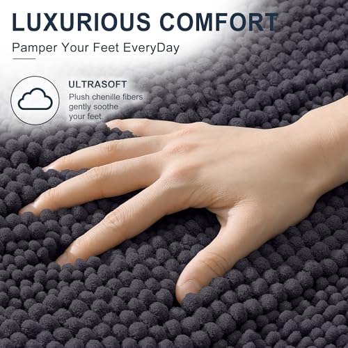 Image of Smiry Thick Chenille Large Bathroom Rugs 47x32, Extra Soft Absorbent Striped Bath Mat, Machine Washable, Rubber Backing, Bath Rugs for Bathroom, Tub & Shower, Home Decor Accessories, Dark Grey
