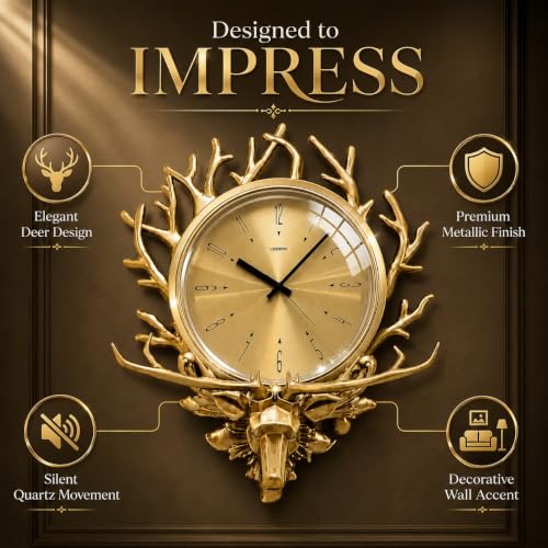 Image of ARMONIA Luxury Deer Head Wall Clock for Living Room | Premium Polystone & Acrylic Decorative Clock with Silent Quartz Movement | Modern Golden Designer Wall Decor for Home, Office & Gift | 23.6 Inches