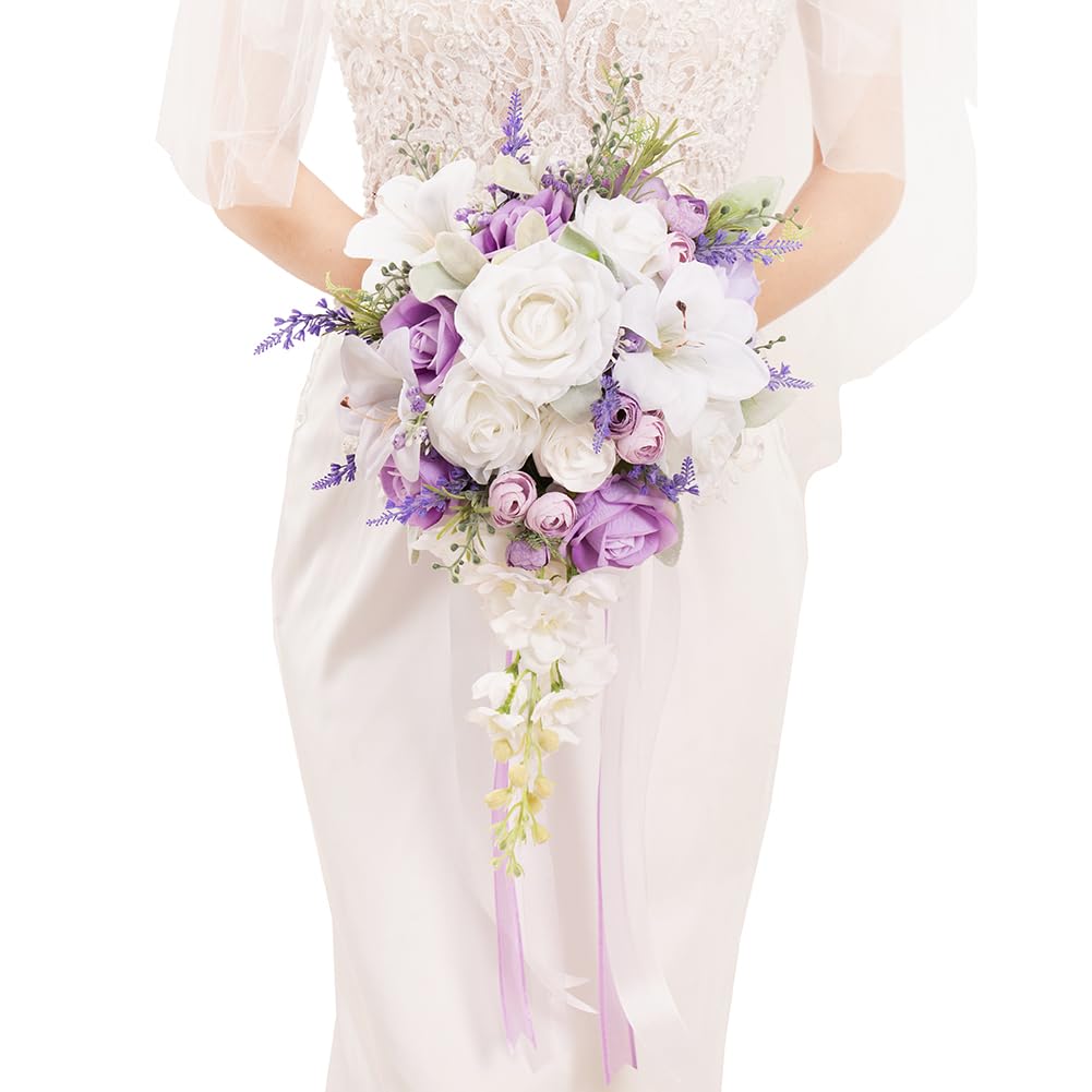 Floinla Bridal Bouquet Cascading, Lilac Purple & White Wedding Bouquets for Bride Bridesmaid 10" Artificial Flowers Bouquet for Wedding Decor