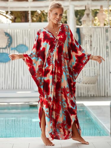 Image of IMAGEKOPE Women's Plus Size Animal Print V-Neck Batwing Kaftan Beach Dress Bathing Suit Cover-Up Loungewear