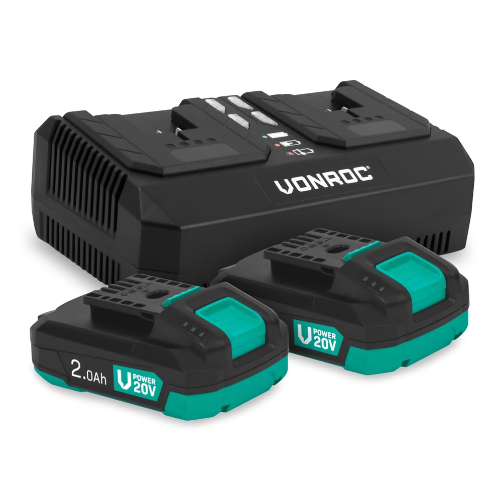 VONROC Zestaw startowy VPower 20V - 2 baterie litowo-jonowe 2,0 Ah + podwójna szybka ładowarka | Kompatybilny z wieloma narzędziami | Idealny do intensywnych projektów DIY i długotrwałych projektów