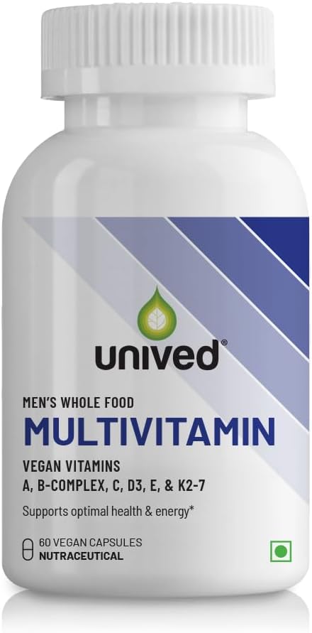 Unived Wholefood Multivitamin for Men | Plant-Based Multivitamins A, B-Complex, C, D3, E, & K2-7 | 100% Natural, Wholefood Plant Based | 60 Capsules