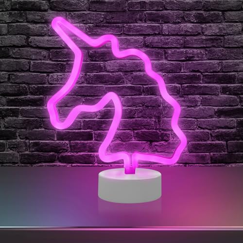 Image of Xtreme Unicorn Neon Pink LED Tabletop Sign with Holder Base, Battery Powered, 4 Hour Timer, Night Light, Christmas or Birthday Gift
