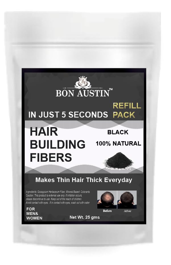 Bon Austin Hair Building Fiber Refill Pack for Instant Hair Volume (Pack of 1, Black, 25 gram)|Natural fiber for hair Thinning and Maintain Bald Spots Natural Plant-Based fibers for Men and Women-image-18
