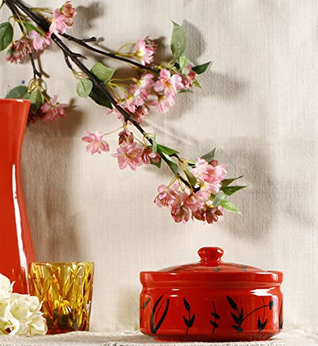 Image of Caffeine Ceramic Handmade Red Bamboo Serving Donga Casserole with Lid 500ml Small Stoneware