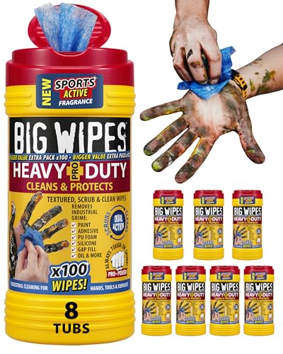 Big Wipes Heavy Duty Pro+ Hand Wipes Textured Dual-Sided Cleaning Wipes for Paint Grease Oil - Industrial Cleaning Products for Tools & Surfaces - Heavy Duty Hand Cleaner - 8 Tubs x800