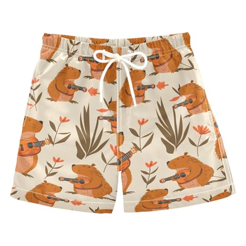 ALAZA Cute Animal Capybara Guitar Blossom Leaf Boys Quick Dry Beach Board Shorts Kids Swim Trunks Bathing Suit Swimsuit 3T Multicolor
