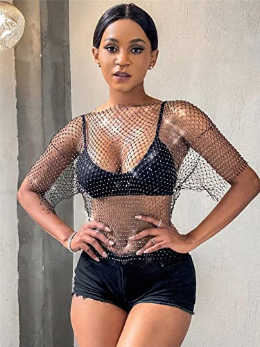 Formery Mesh Rhinestone Cover Ups Black Crewneck See Through Coverup Top Music Festival Party Cover Ups Body Chain for Women2