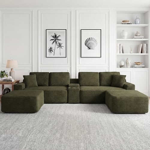 Image of 125 Inch Modular Sectional Sofa, Modern Oversized Corduroy Cloud Couch with 2 Ottomans, Cup Holders and USB Ports, U Shape Couch Boneless Couches for Living Room, No Assembly Required, Green