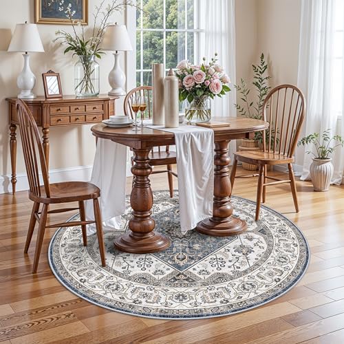 Living Room 4round Area Rugs - Boho Rugs for Living Room Stain Resistant Carpet Vintage Tribal Rugs for Bedroom Kitchen Bathroom with Non Slip Backing Home Decor Floor Decoration Mat 4ft Navy
