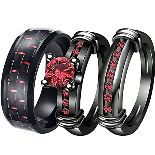 ringheart 2 Rings His and Hers Couple Rings Black Gold Filled Red Cz Womens Wedding Ring Sets Man Stainless Steel Wedding Band Mens Ring
