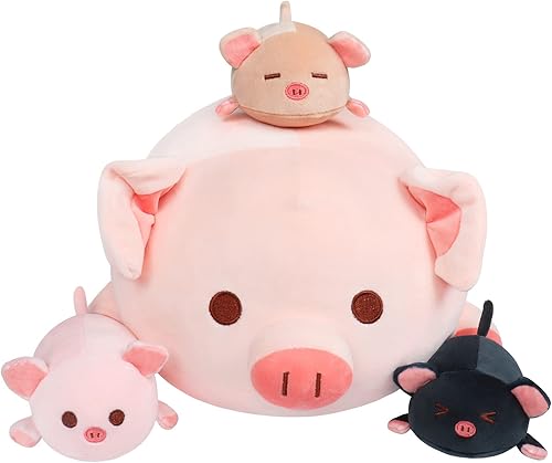 Achwishap Peluche de cerdo para mamá de 19.6 pulgadas con 3 peluches de cerdo, 4 almohadas de felpa de cerdo, juguetes Kawaii almohada de abrazo