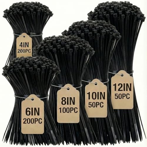 Black Zip Ties Assorted Sizes 4+6+8+10+12-Inch，600PCS Multi-Purpose Self-Locking Nylon Cable Tie,Wire Tie Perfect for Home,Garden Trellis,Office,Garage and Workshop.