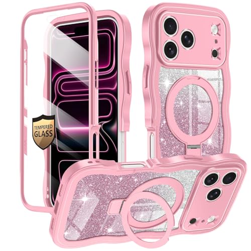 Casetego for iPhone 18 Pro Max Case Magnetic,Compatible with MagSafe,Built-in Screen Protector,[Invisible Stand] Wave Frame Glitter Sparkle Shockproof Cover Case for iPhone 18 Pro Max,AllPink by Casetego - Used condition - US$20.10