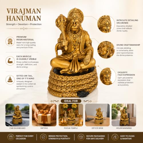 Image of Virajman Hanuman Ji Idol Sitting on Tail | Ravana Sabha Pose | Hanuman Murti for Car Dashboard, Home Temple & Office Decor, Housewarming, Vastu | 3.8 Inches | Antique Gold