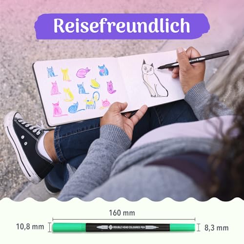 ZENO 72 Filzstifte Set-C mit Doppelseitiger Spitze und Etui – Stifte Set mit Feiner Spitze und Pinselspitze für Mandalas, Malbücher, Zeichnen und Lettering – Dual Brush Pen für Erwachsene