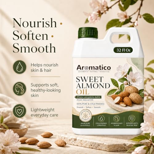 Image of AROMATICO Sweet Almond Oil for Skin, Hair and Body Care, Multipurpose Carrier Oil for Massage, Scalp Care, Dry Skin Routine, DIY Beauty and Natural Glow - 946 ml