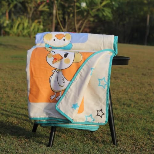 Image of LORETO - A QUALITY LINEN BRAND 100% Cambric Cotton Double Dohar 88 x 90 Inches, 3-Layer Lightweight AC Blanket with Soft Cotton Flannel Filling, Summer Quilt, Reversible, Playful Ducks on Creamy Beige