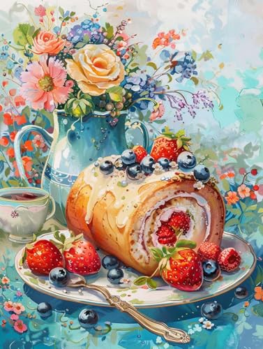 Kit point de croix imprimé 14CT LFYNIORS Gâteau et Fleurs aquarelle broderie 50x70cm