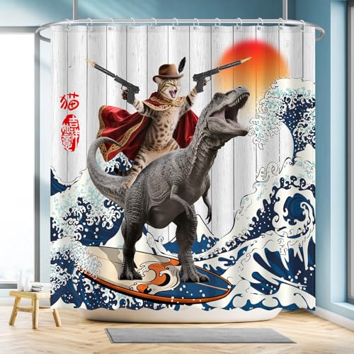 Image of Funny Cat Riding Dinosaur Shower Curtain Set, Japanese Anime Sunset Ocean Waves Home Bathroom Decor, Polyester Cloth Fabric Bath Curtain with 12 Hooks 72 inch W x 72 inch L